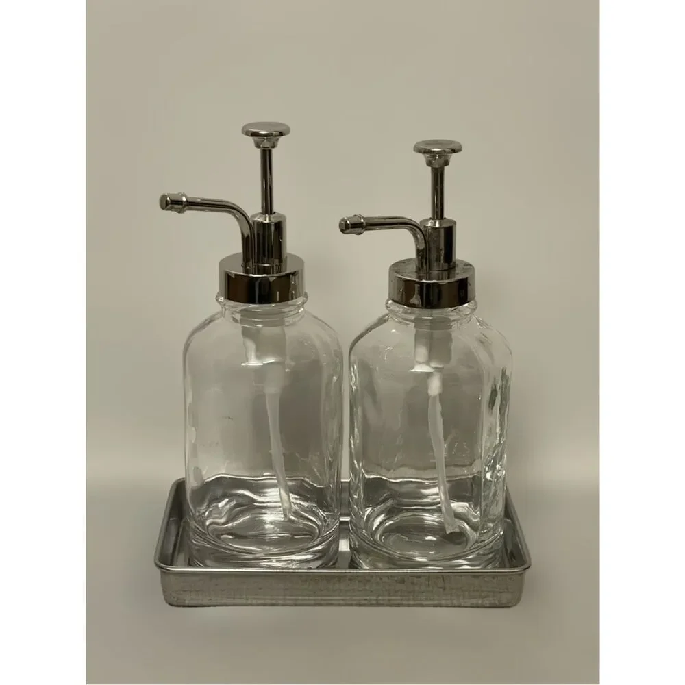 Two Elegant Clear Glass Oilcan Soap & Lotion  Dispenser Set w/Chrome Accents